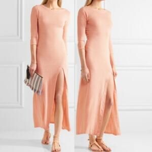 SOLID & STRIPED The Long Slit Linen Dress in Nude Peach